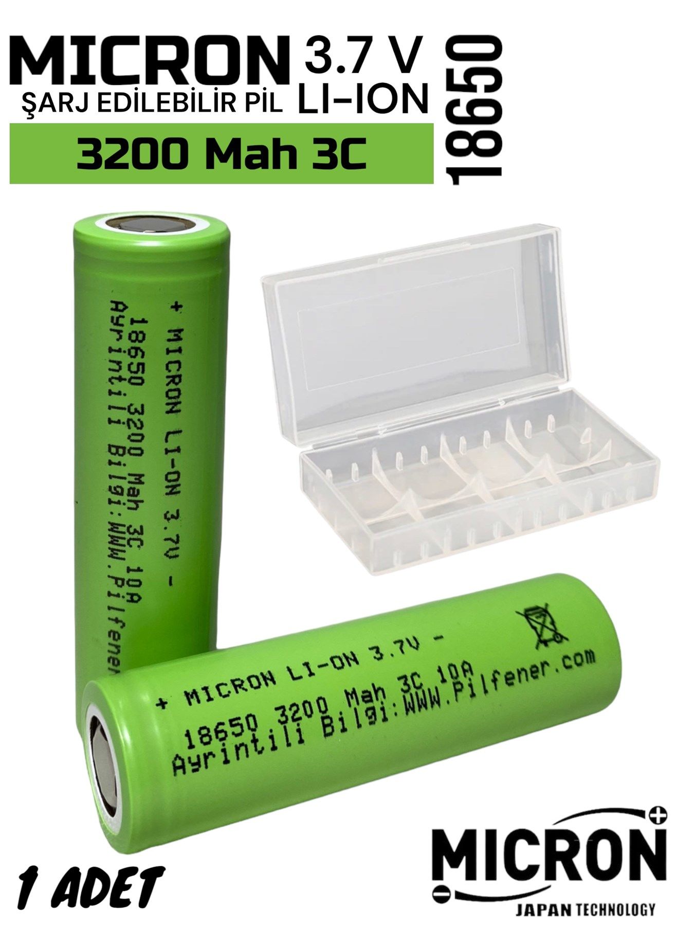 18650 3.7V (Volt) 3200 MaH(Amper) 3C Lityum Şarj edilebilir 1 Adet Pil(Batarya) Pil Kutusu Hediyeli