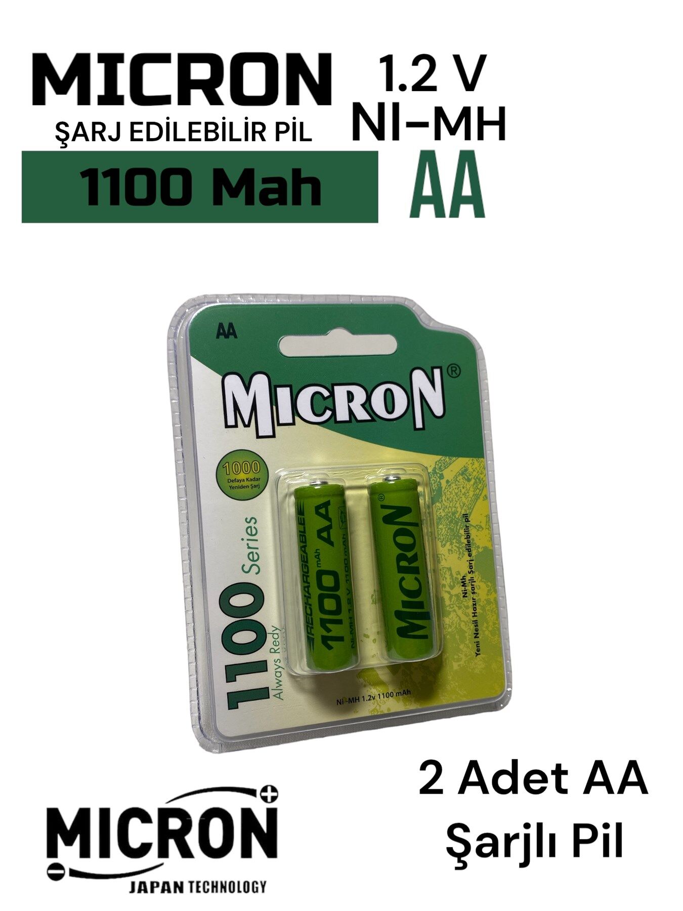 AA Sıze 1100 Mah Ni-mh Şarjlı Pil Micron 2 Adet 1100 Mah Gerçek Kapasite