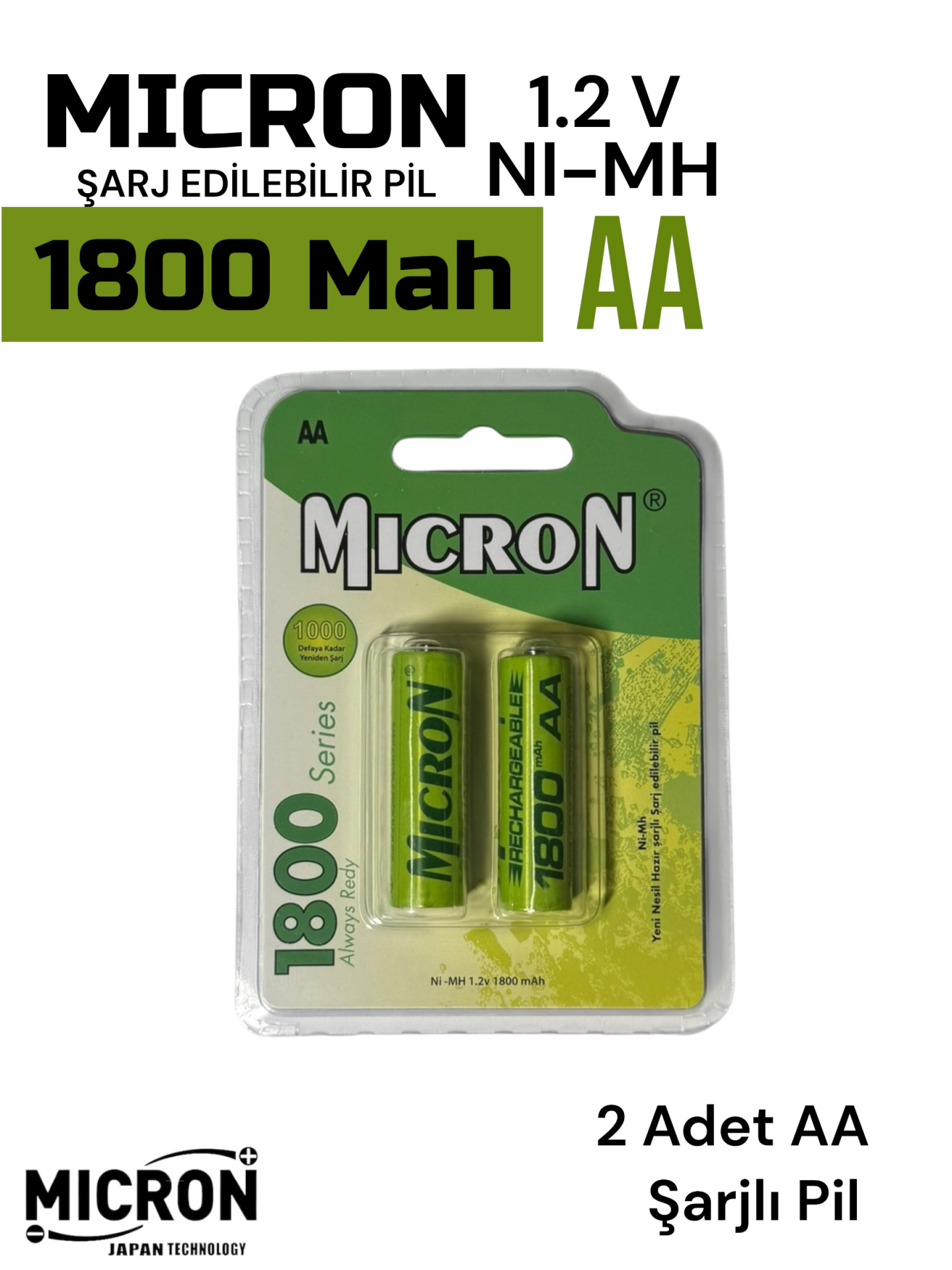 AA Sıze 1800 Mah Ni-mh Şarjlı Pil Micron 2 Adet 1800 Mah Gerçek Kapasite