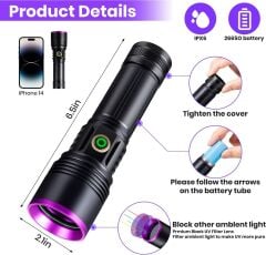 20W 365nm Profesyonel Güçlü Mor UV Işık El Feneri Evcil Hayvan İdrarı Tespiti, Sahte Para Kontrol 26650 lityum pili ile birlikte