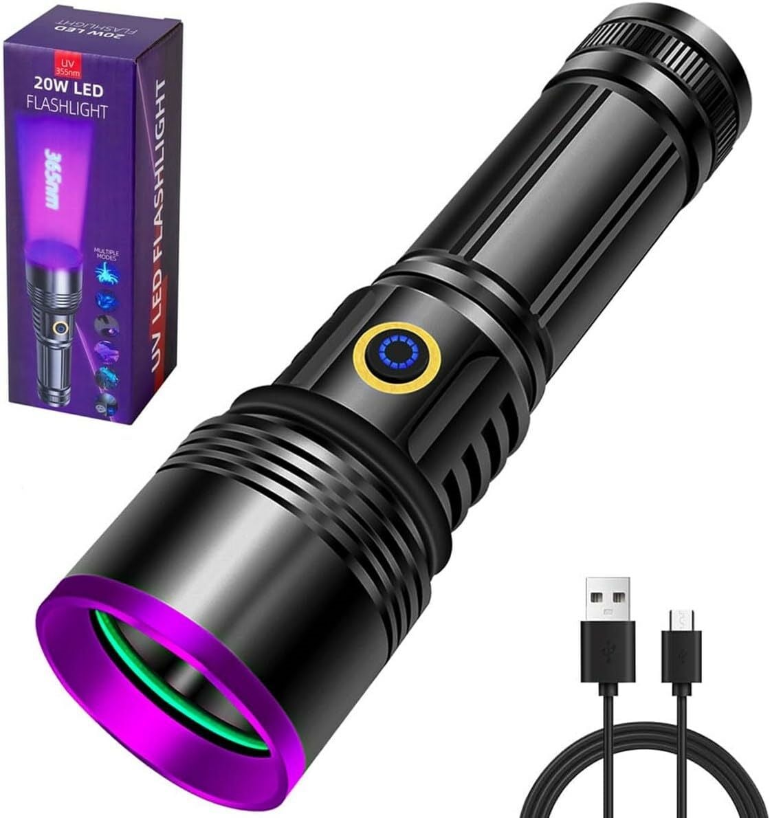 20W 365nm Profesyonel Güçlü Mor UV Işık El Feneri Evcil Hayvan İdrarı Tespiti, Sahte Para Kontrol 26650 lityum pili ile birlikte