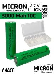 18650 3.7V (Volt) 3000 MaH(Amper) 10C Lityum Şarj edilebilir 1 Adet Pil(Batarya) Pil Kutusu Hediyeli
