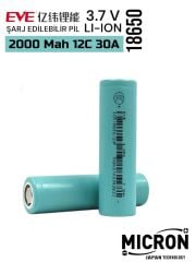 EVE 18650 3.7V (Volt) 2000 MaH 15C 30A 20P Lityum Şarj edilebilir 1 Adet Pil(Batarya) Kutu Hediye