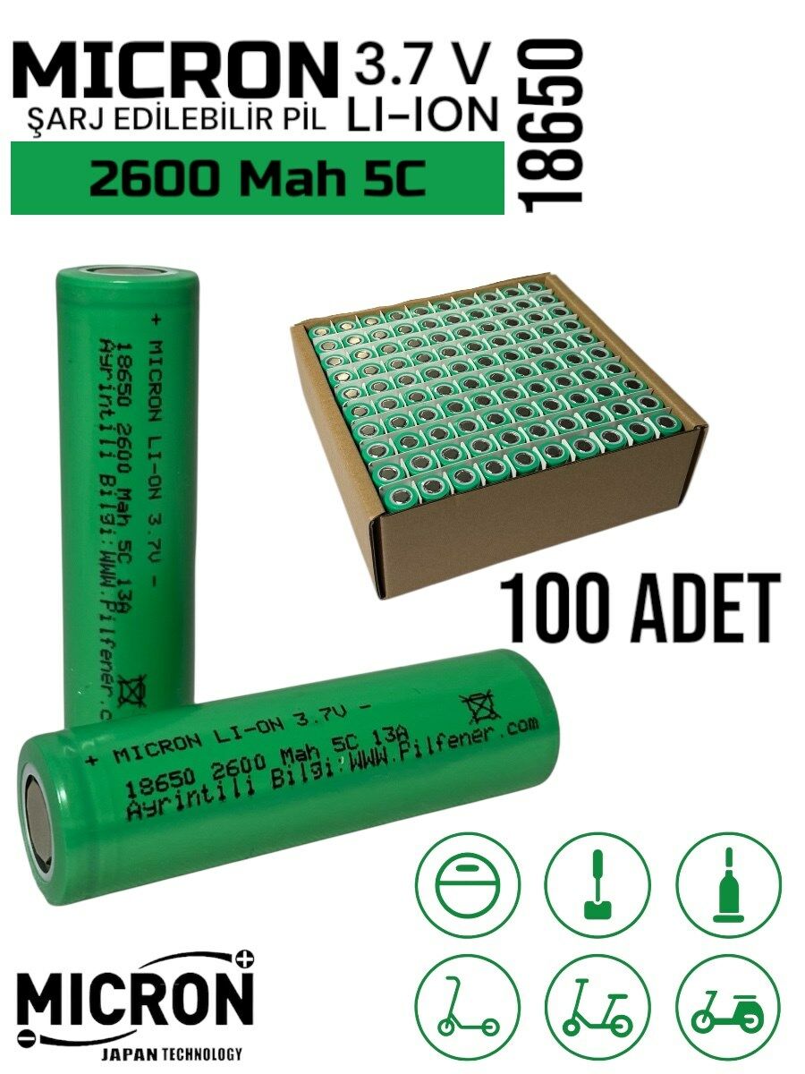 18650 3.7V (Volt) 2600 MaH(Amper) 5C Lityum Şarj edilebilir 100 Adet Pil(Batarya)