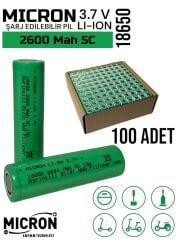 18650 3.7V (Volt) 2600 MaH(Amper) 5C Lityum Şarj edilebilir 100 Adet Pil(Batarya)