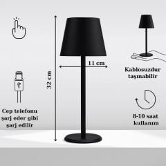 Minimal , Modern Tasarım Şarjlı Masa Lambası Siyah Şık Alüminyum Gövde Çelik Taban