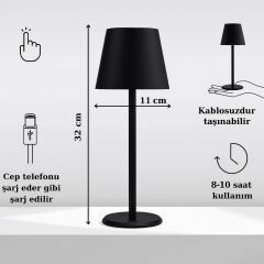 Minimal , Modern Tasarım Şarjlı Masa Lambası Siyah Şık Alüminyum Gövde Çelik Taban