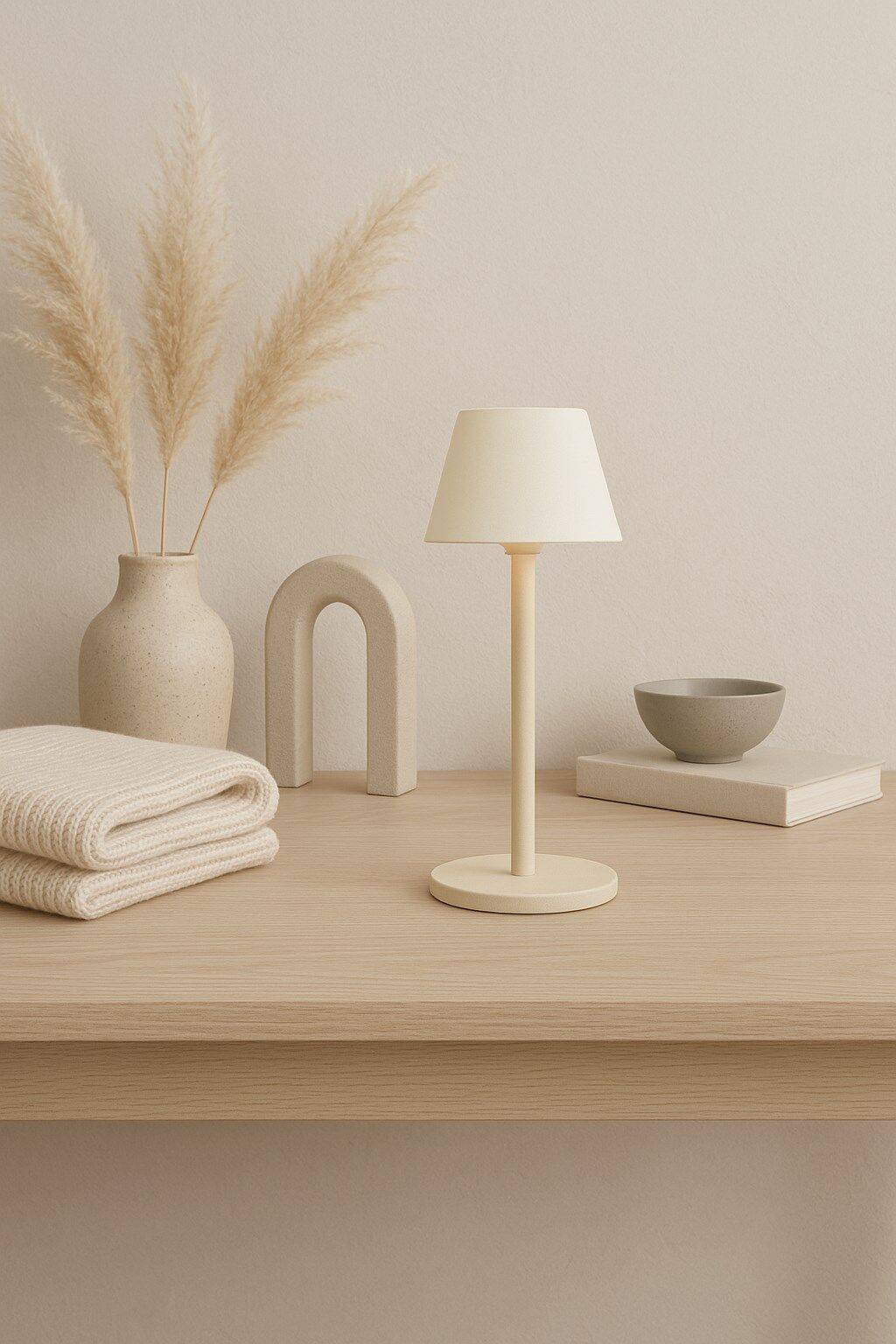 Minimal , Modern Tasarım Şarjlı Masa Lambası Bej Şık Alüminyum Gövde Çelik Taban