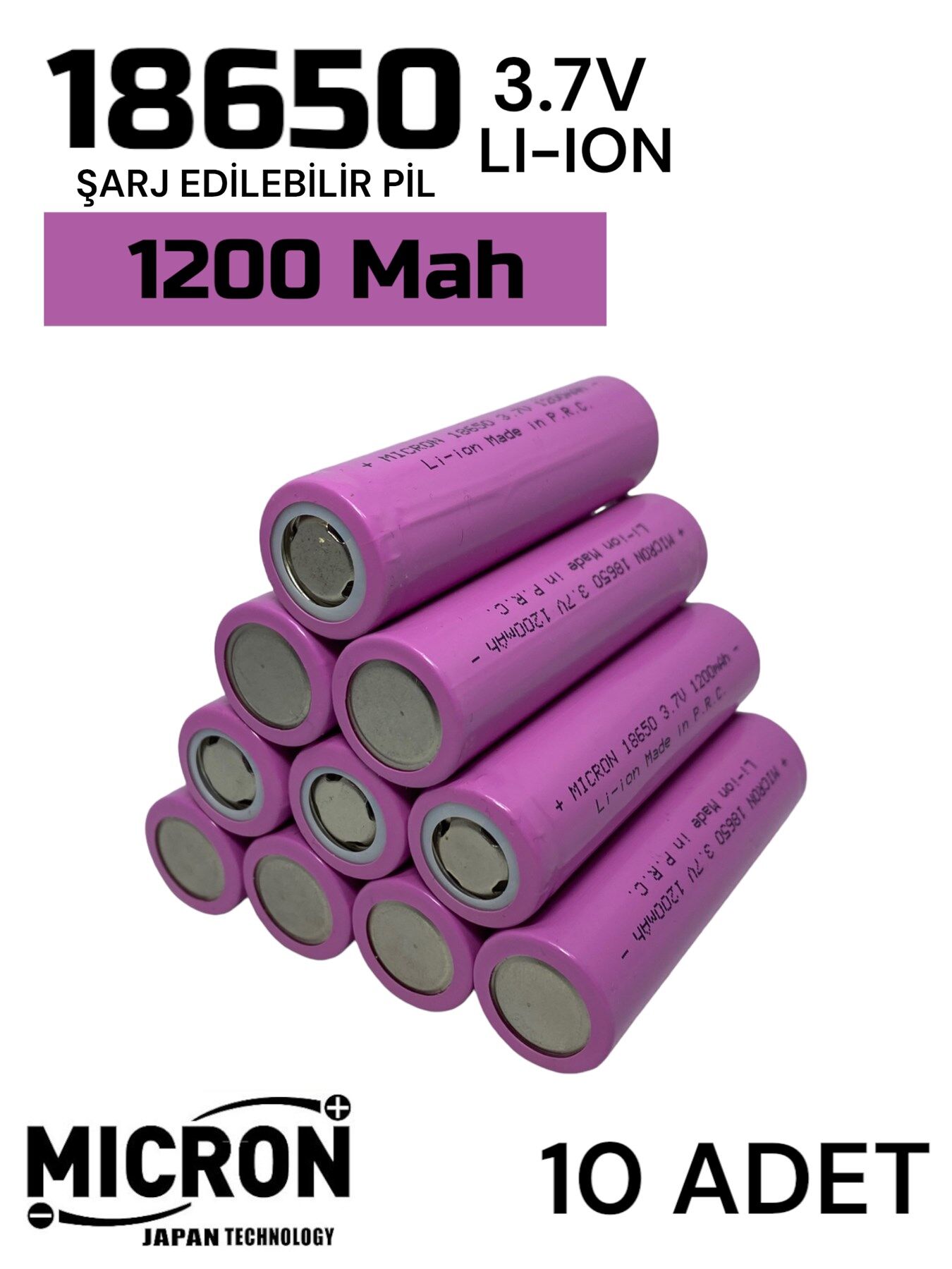10 Adet 18650  Lityum Pil (Batarya)  1200 Mah (Amper) 3.7 V ( Volt) Şarj Edilebilir Başsız Pil