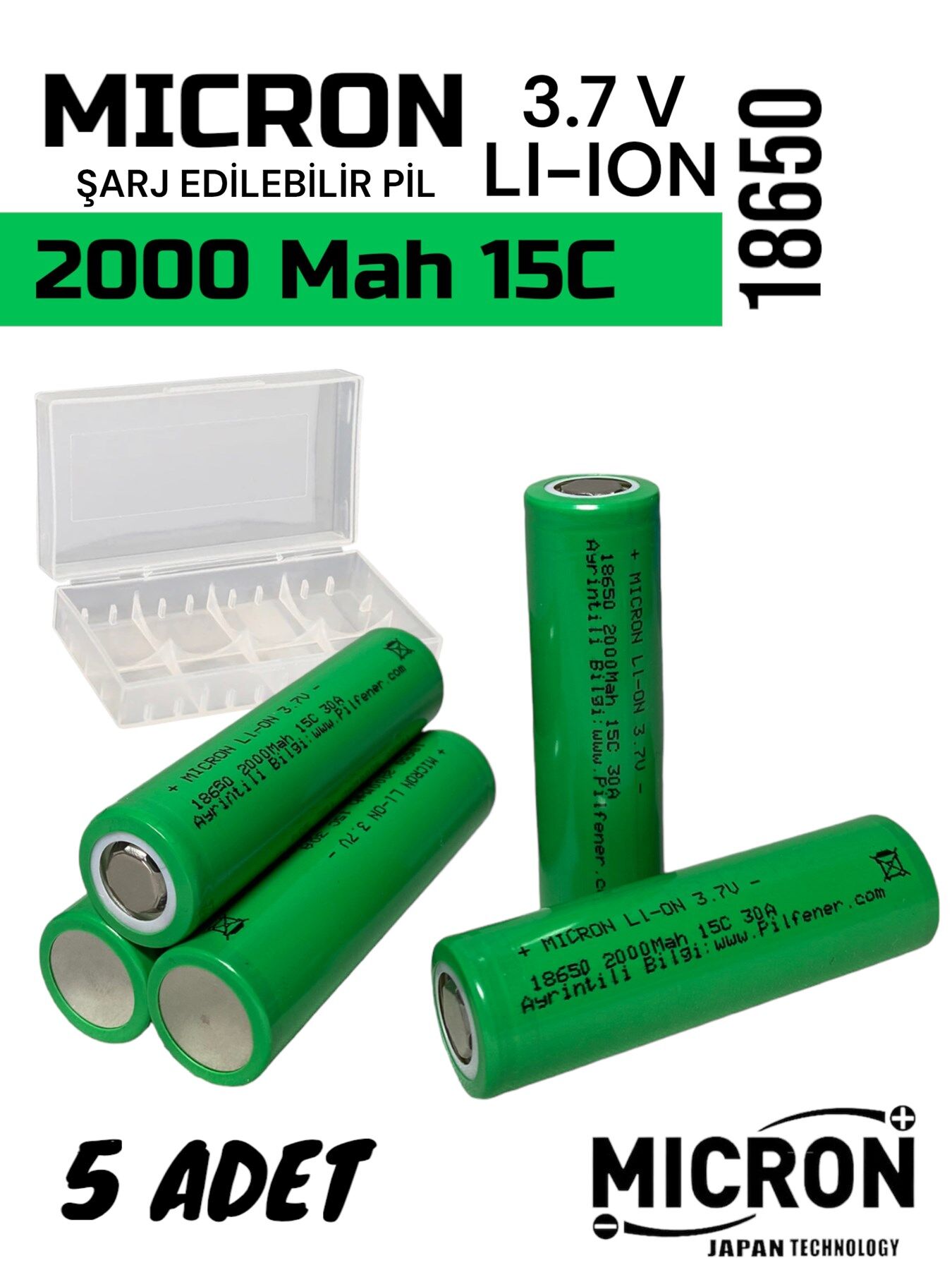 18650 3.7V (Volt) 2000 MaH(Amper) 15C Lityum Şarj edilebilir 5 Adet Pil(Batarya) Pil Kutusu Hediyeli