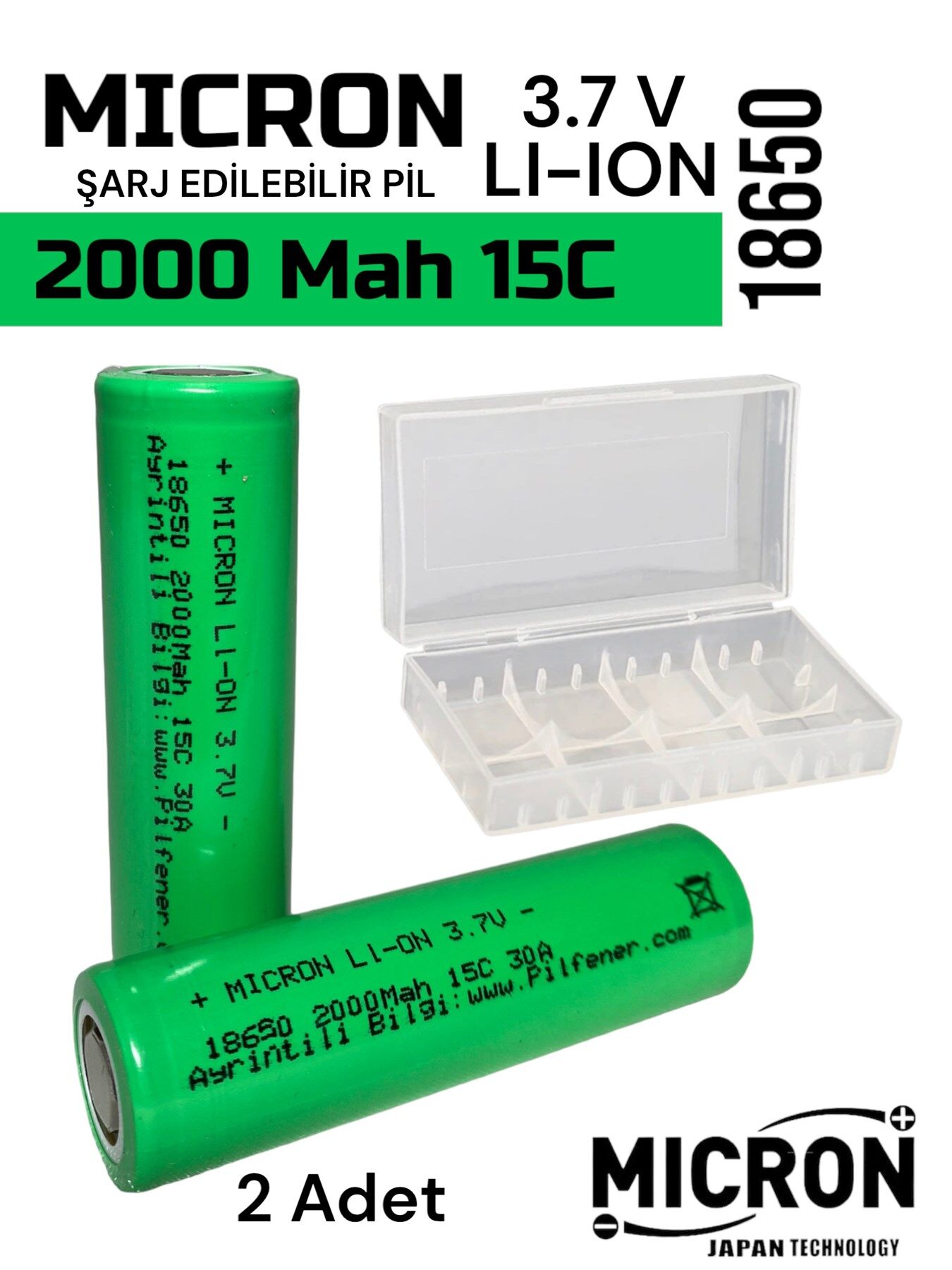 18650 3.7V (Volt) 2000 MaH(Amper) 15C Lityum Şarj edilebilir 2 Adet Pil(Batarya) Pil Kutusu Hediyeli