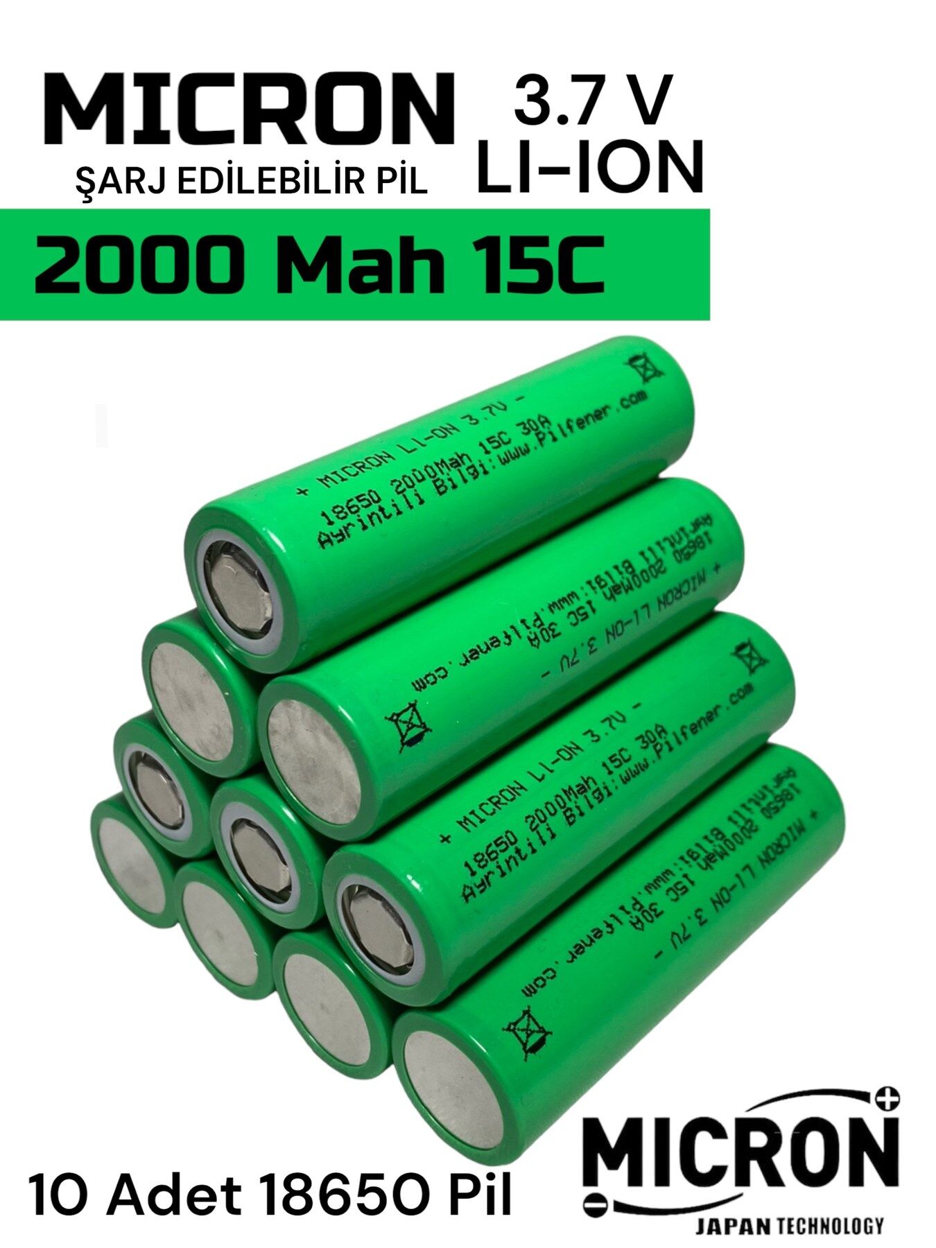 18650 3.7V (Volt) 2000 MaH(Amper) 15C Lityum Şarj edilebilir 10 Adet Pil(Batarya)
