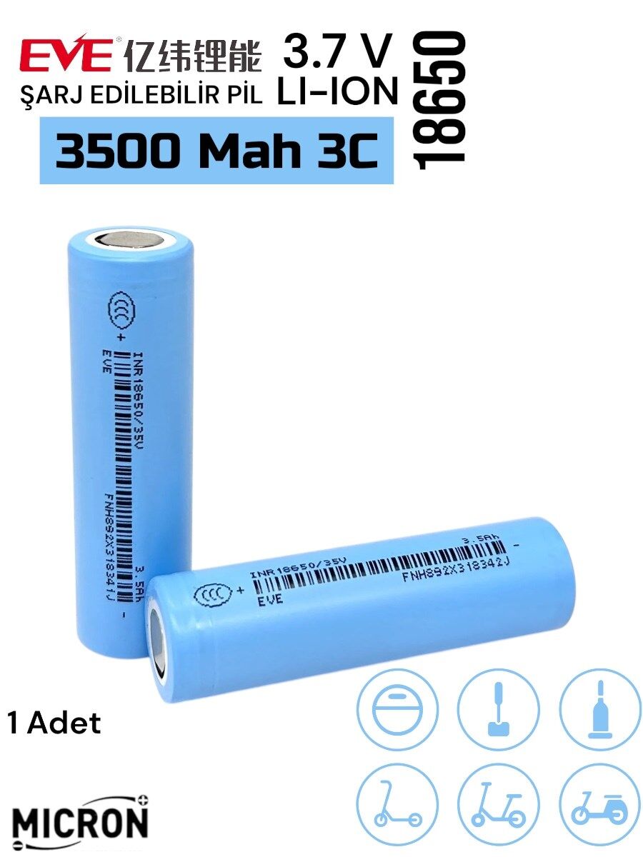 EVE  18650 3.7V (Volt) 3500 MaH 35V Lityum Şarj edilebilir 1 Adet Pil(Batarya) Pil Kutusu Hediyeli