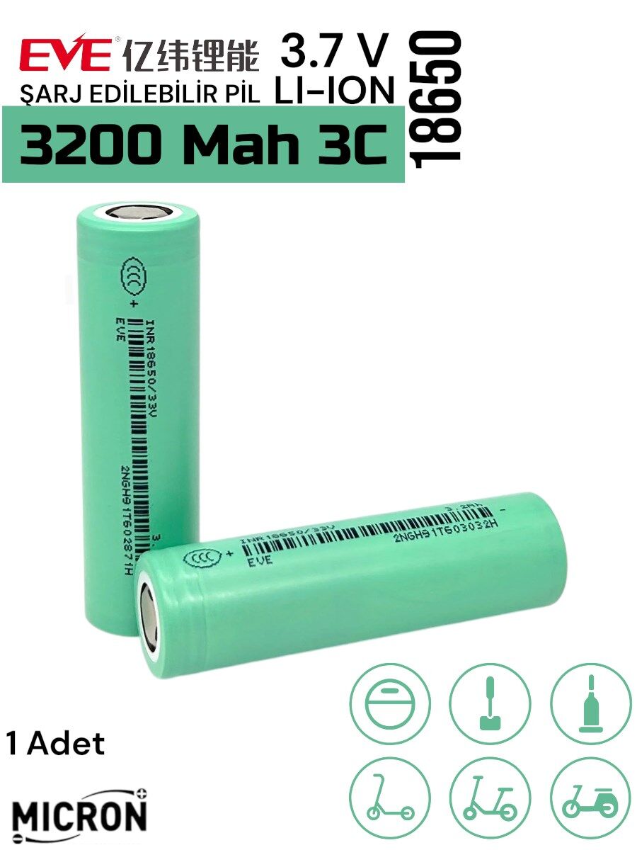 EVE  18650 3.7V (Volt) 3200 MaH 35V Lityum Şarj edilebilir 1 Adet Pil(Batarya) Pil Kutusu Hediyeli