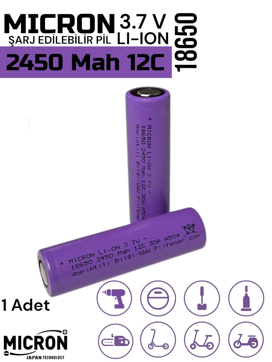 18650 3.7V (Volt) 2450 MaH 12C Lityum Şarj edilebilir 1 Adet  Pil(Batarya) Pil Kutusu Hediyeli